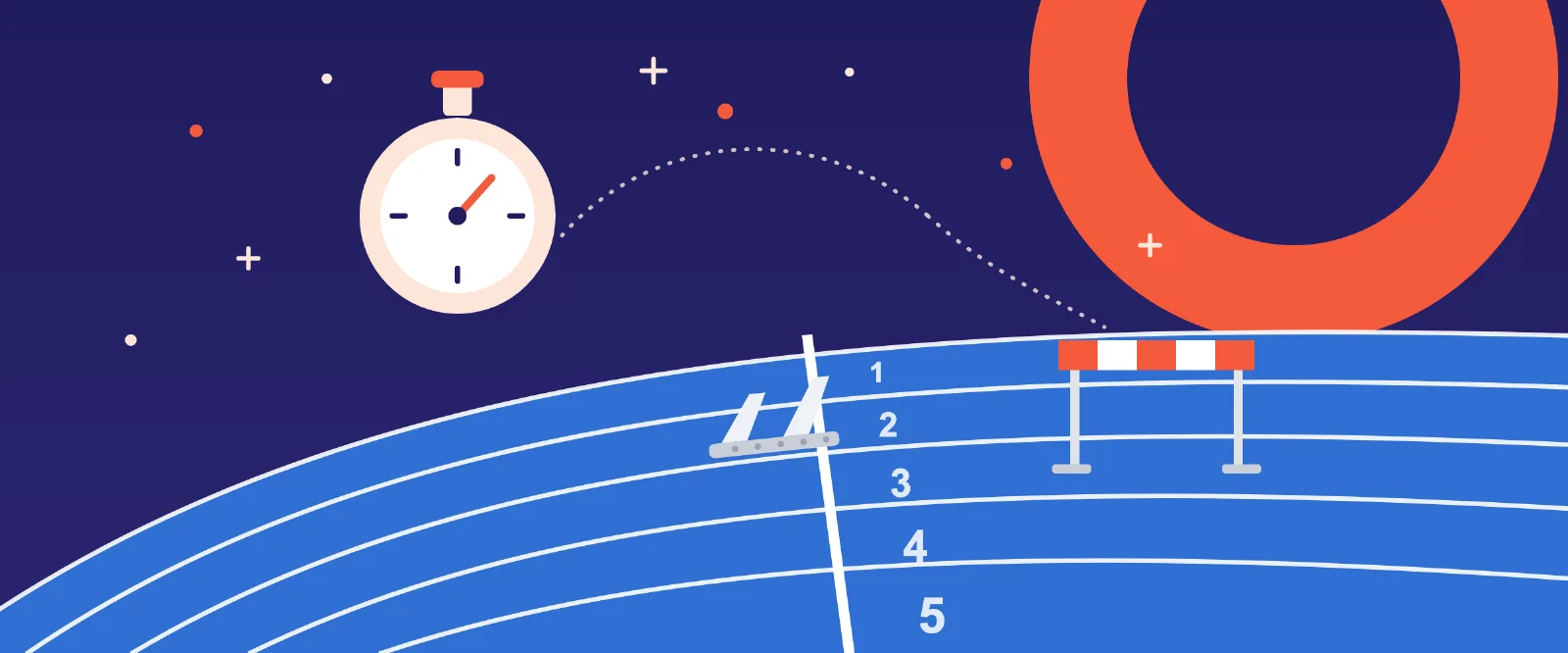 Illustration: blaue Laufbahn mit Startblock, Hürde und Stoppuhr auf dunkelblauem Grund
